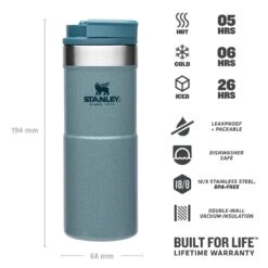 Stanley 10-09855-009 The NeverLeak Travel Mug Hammertone Ice 0.35L -Outdoor Ausrüstungs Geschäft c839f730c64674e91d146f0bd036ced6